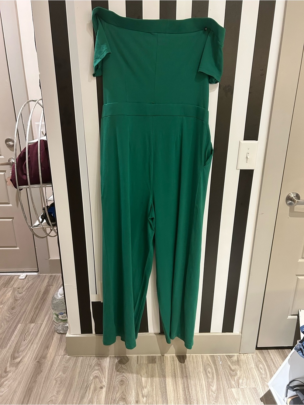 New York & Company Green Off-Shoulder Wide-Leg Jumpsuit